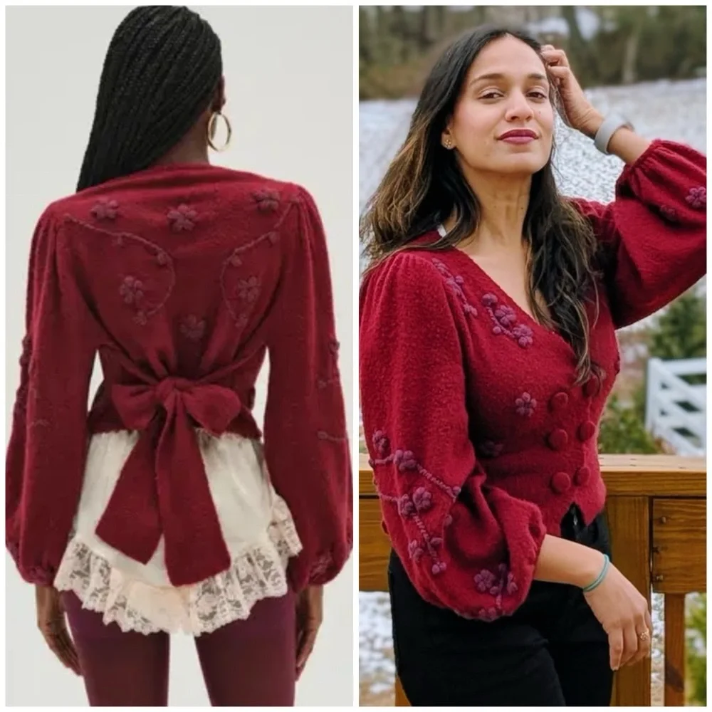 NWT For Love And Lemons Adalyn Red Floral Crop Cardigan Sweater SZ XL - Picture 2 of 11
